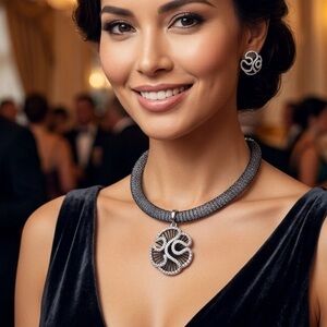 Vintage-Style Silver & Black Mesh Statement Necklace & Earring Set